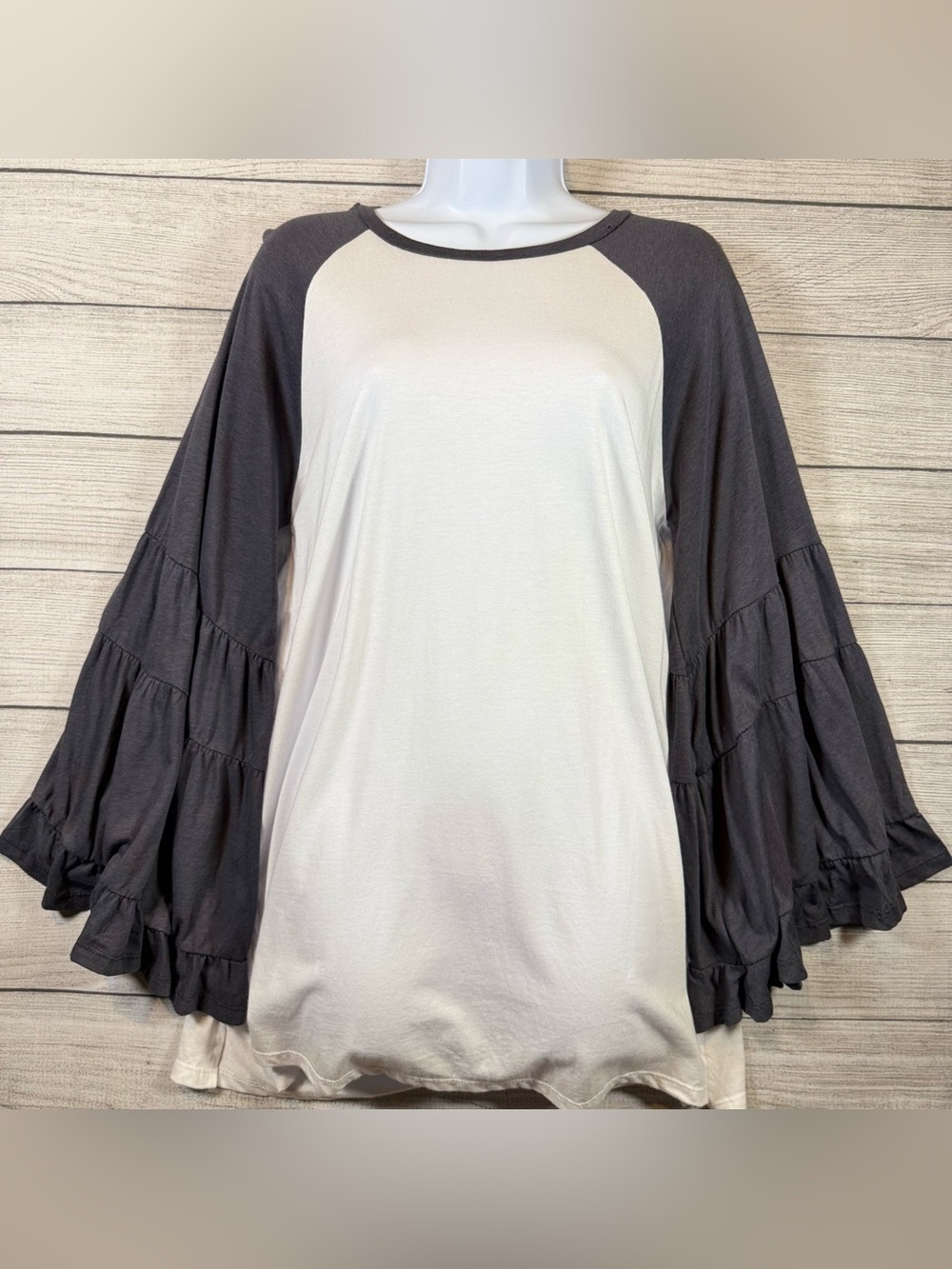 Three Bird Nest Two-Tone Ruffle Raglan Top - White & Charcoal